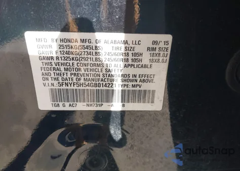 2016 Honda Pilot Ex-L из США, поврежденный, VIN 5FNYF5H54GB014221